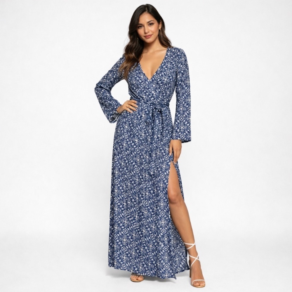 Lulus Mandala Daydream Blue Print Long Sleeve Boho Coastal Maxi Dress Size M
